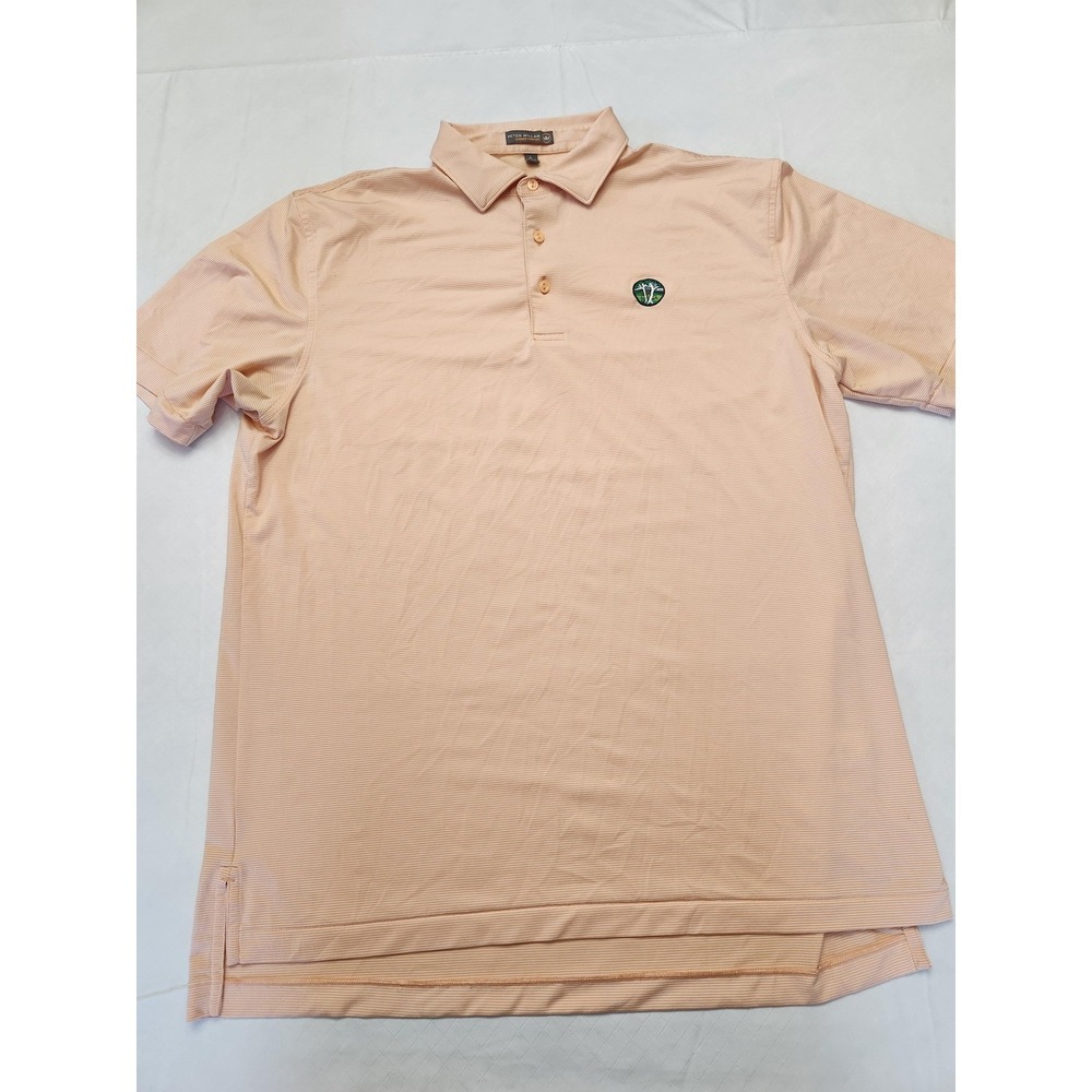 Peter Millar Polo Shirt Mens Large Orange Striped Summer Comfort Golf Tree Logo